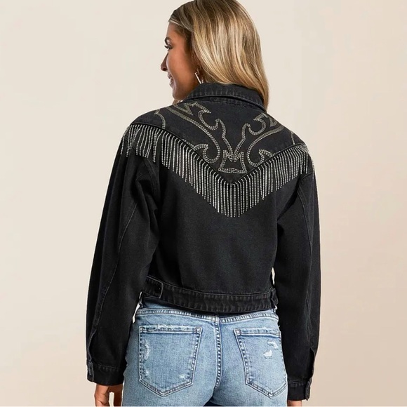 NEW blue b Black Rhinestone Chevron Fringe Cowboy Stitch Western Denim Jacket S - Picture 5 of 6